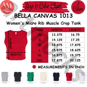 Tabla de tallas y colores de la camiseta sin mangas con microcanales y corte musculoso Bella Canvas 1013 para mujer, tabla de tallas y colores BC 1013, tabla no editable