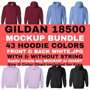 Hoodie Mockup Bundle Gildan 18500 Unisex Crewneck Sweater No String Front and Back JPG White Background Color Size Chart For Free