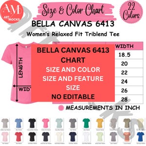 Bella Canvas 6413 Chart Bundle Camiseta de corte relajado para mujer Tabla de características de tamaño y color Tabla de características de tamaño y color BC6413 Tabla de características de tamaño y color 3 x Tablas Tabla no editable