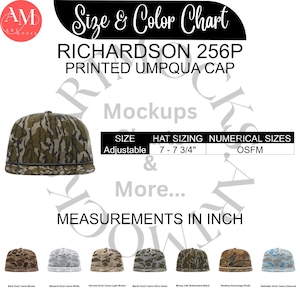 May include: A camouflage-patterned Richardson 256P Printed Umpqua cap. The hat is adjustable and comes in various colors, including Bark Duck Camo-Brown, Blizzard Duck Camo-White, and Realtree Advantage-Khaki. The size is adjustable from 7 to 7 3/4 inches.