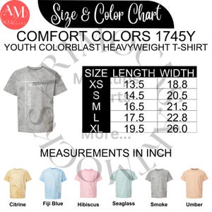 Puede incluir: Una tabla de tallas y colores para una camiseta Comfort Colors 1745Y para jóvenes. La tabla incluye medidas en pulgadas para las tallas XS a XL. Los colores incluyen Citrino, Azul Fiji, Hibisco, Seaglass, Smoke y Umber.