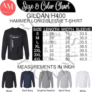 Gildan H400 Chart Bundle: Hammer Long Sleeve T-Shirt Size & Color (Instant Download, Non-Editable PNGs)