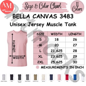 May include: Size chart for a Bella Canvas 3483 unisex jersey muscle tank. The chart shows measurements in inches for sizes S, M, L, XL, and 2XL. The tank is shown in pink.