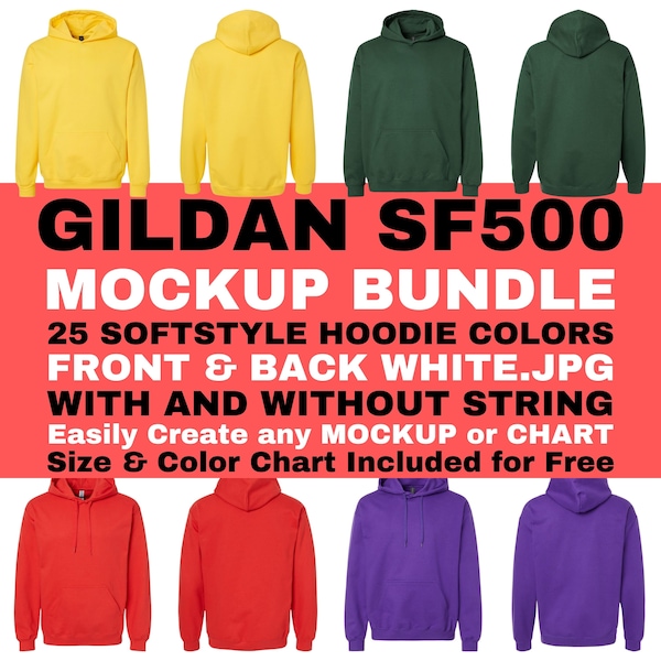 Hoodie Mockup Bundle Gildan SF500 Hooded Sweatshirt Front and Back PNG Transparent Background GSF500 Size and Color Chart Included For Free