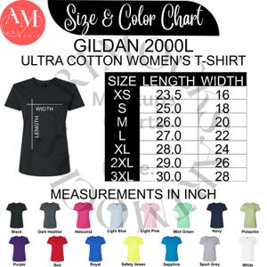 Paquete de camisetas Gildan 2000L Ultra Cotton para mujer, tabla de tallas y colores / Tabla de tallas G2000L / Tabla no editable / Descarga instantánea / Tamaño en pulgadas