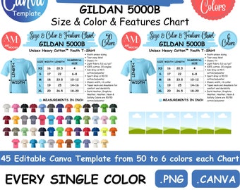 Gildan 5000B Youth T-Shirt Mockup: Editable Canva Size Color Chart (Digital Download)