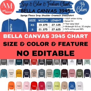 Bella Canvas 3945 Tabla de características de tamaño de color No editable