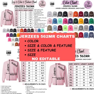 May include: A chart showing colour options and size measurements for Jerzees 562MR unisex crewneck sweatshirts. The chart includes a colour palette with 38 colours, size specifications in inches, and feature details.