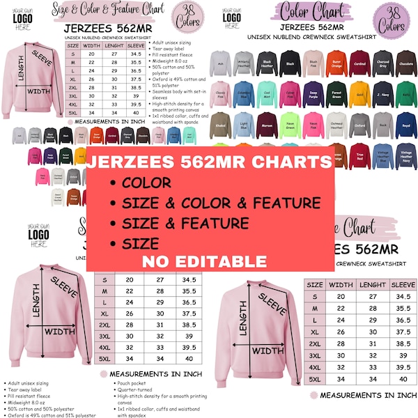 Jerzees 562MR Size and Color and Feature Chart No Editable