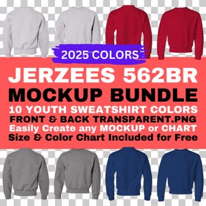 Sudadera de cuello redondo para jóvenes Jerzees 562BR (modelo con fondo transparente, parte delantera y trasera) / Tabla de colores y tallas J562BR / Descarga instantánea
