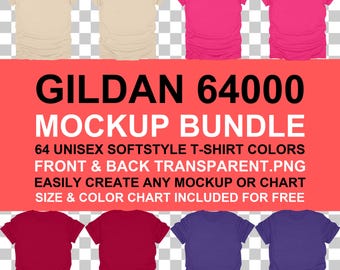 Gildan 64000 Flat Lay Softstyle T-Shirt Mockup Bundle: Front, Back Views (PNG Digital Download)
