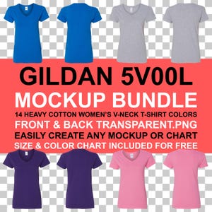 Maqueta de camiseta Gildan 5V00L para mujer con cuello en V (parte delantera y trasera, PNG, fondo transparente) / Tabla de colores de tallas G5V00L / Descarga instantánea