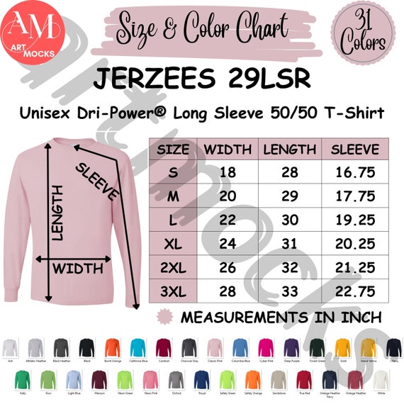 Jerzees 29LSR T-shirt Size Chart: Unisex Dri-power (digital