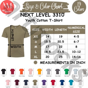 May include: Size and color chart for Next Level 3310 youth cotton t-shirts. The chart shows sizes XS to XL with corresponding width and length measurements in inches. The chart also includes a numerical size column with sizes 4-5 to 14-16. The chart is surrounded by a variety of colored t-shirts.