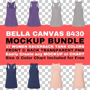 Bella Canvas 8430 Paquete de maquetas Triblend Racerback Tank para mujer Parte delantera trasera PNG Fondo transparente BC8430 Tamaño Carta de colores incluida gratis
