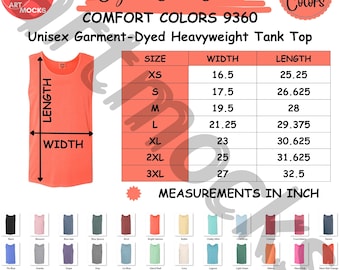 Comfort Colors 9360 Tank Top Size and Color Chart (Digital Download)