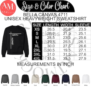 Sudadera Bella Canvas 4711 con gráfico de tallas y colores / Tabla de tallas BC4711 / Tabla no editable / Descarga instantánea / Pulgadas