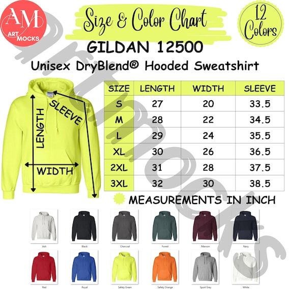 Gildan 12500 Hoodie Chart Bundle: Size, Color, Feature Charts