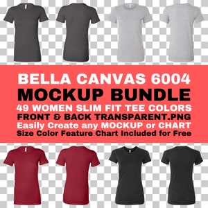 Maqueta de Bella Canvas 6004, paquete de camisetas ajustadas para mujer, parte delantera y trasera, PNG transparente, BC6004, tamaño, color, tabla de características incluida de forma gratuita