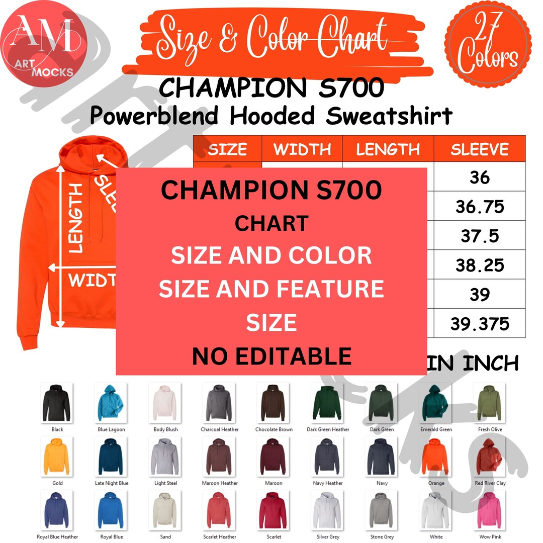 Champion Code Chart Champion S700 Sweatshirt Size Chart: Color & Feature Guide (digital ...