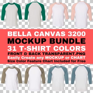 Maqueta de Bella Canvas 3200, paquete unisex, camiseta de béisbol de manga tres cuartos, parte delantera y trasera, PNG transparente, BC3200, tamaño, color, tabla de características, gratis