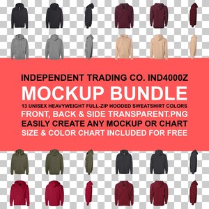 May include: A mockup bundle featuring 13 unisex heavyweight full-zip hooded sweatshirts in various colors. The image displays front, back, and side views of the sweatshirts. The text on the image reads "INDEPENDENT TRADING CO. IND4000Z MOCKUP BUNDLE."