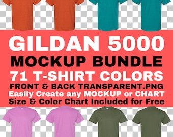 May include: A mockup bundle of 71 Gildan 5000 t-shirt colors. The image shows four t-shirts in different colors: orange, teal, pink, and green. The t-shirts are on a transparent background. The text "GILDAN 5000 MOCKUP BUNDLE 71 T-SHIRT COLORS FRONT & BACK TRANSPARENT.PNG Easily Create any MOCKUP or CHART Size & Color Chart Included for Free" is displayed on a red background.