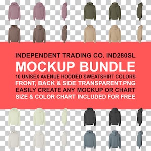 May include: A mockup bundle showcasing ten unisex Avenue hooded sweatshirts in different colours. The image presents front, back, and side views of the sweatshirts. Text on the image reads "INDEPENDENT TRADING CO. IND280SL MOCKUP BUNDLE".