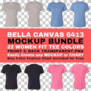 Maqueta de Bella Canvas 6413 para mujer, camiseta de corte relajado, parte delantera y trasera, PNG, fondo transparente, BC6413, tamaño, color, tabla de características incluida