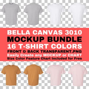 Camiseta unisex de peso pesado Bella Canvas 3010, maqueta, parte delantera y trasera, PNG, fondo transparente, BC 3010, tamaño, color, tabla de características incluida gratis