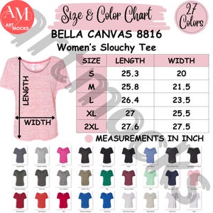 Tabla de tallas y colores de Bella Canvas 8816 Tabla de tallas y colores de remeras holgadas para mujer, no editable