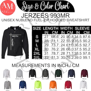 May include: Black unisex full-zip hooded sweatshirt with a size and colour chart. The chart shows measurements in inches and centimetres. Available colours include black, navy, and maroon. The sweatshirt's length is 68.6 cm to 81.3 cm.