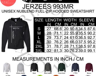 Jerzees 993MR Size Chart Bundle: Full-zip Hoodie (PNG Digital