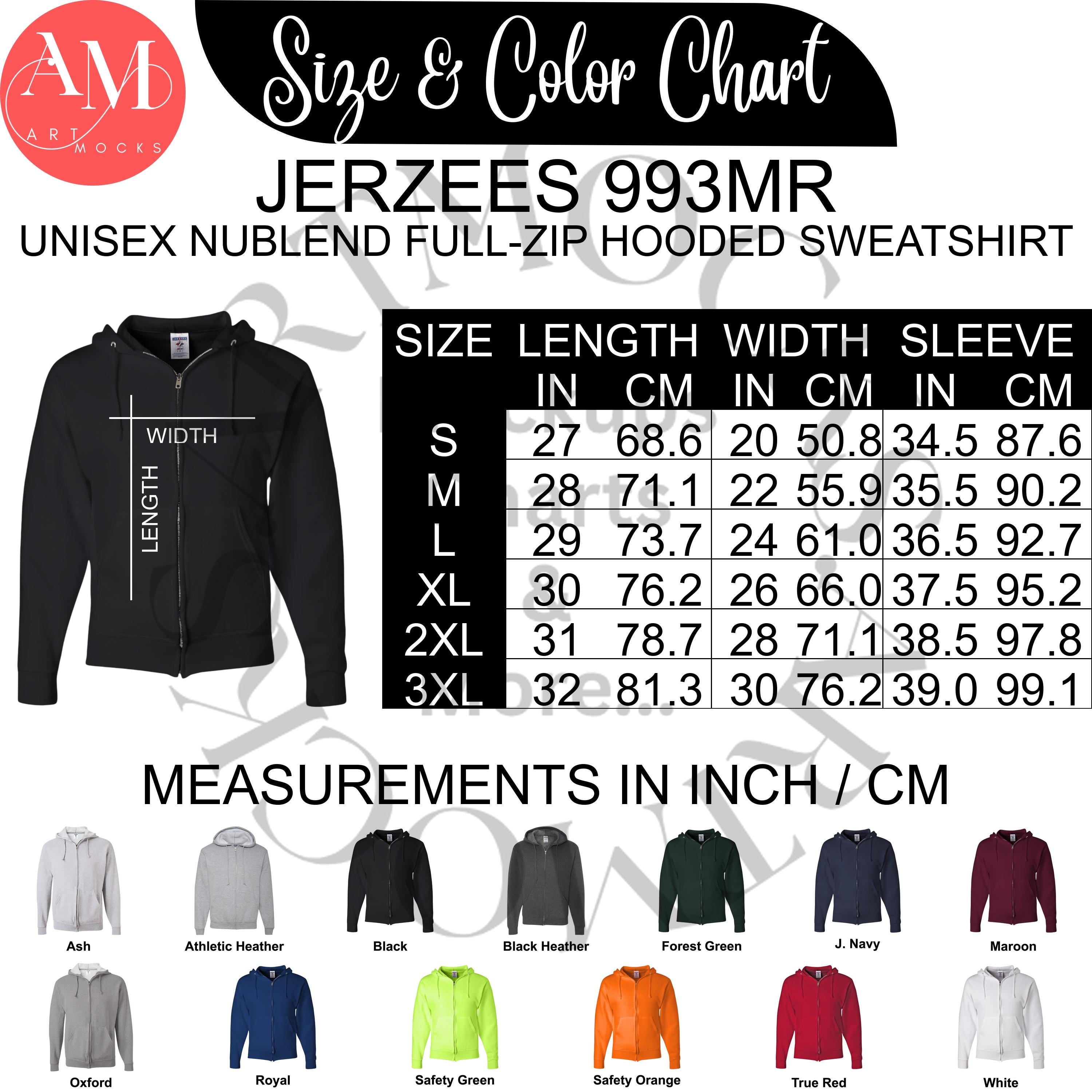 Jerzees 993MR Size Chart Bundle: Full-zip Hoodie (PNG Digital