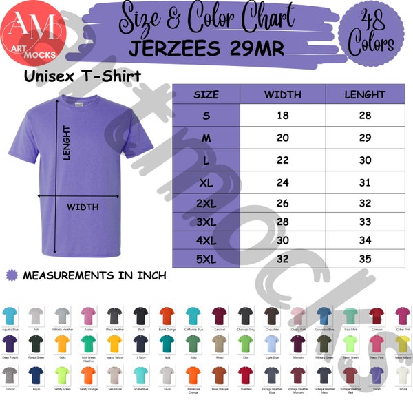 Jerzees 29MR Tshirt Size and Color Chart, 29MR Color Size Chart, No Editable Chart