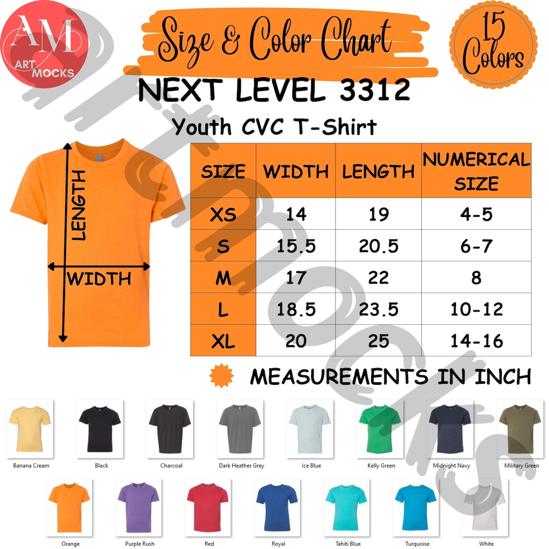 Next Level 3312 Youth T-shirt Size Chart: CVC Color Guide (digital