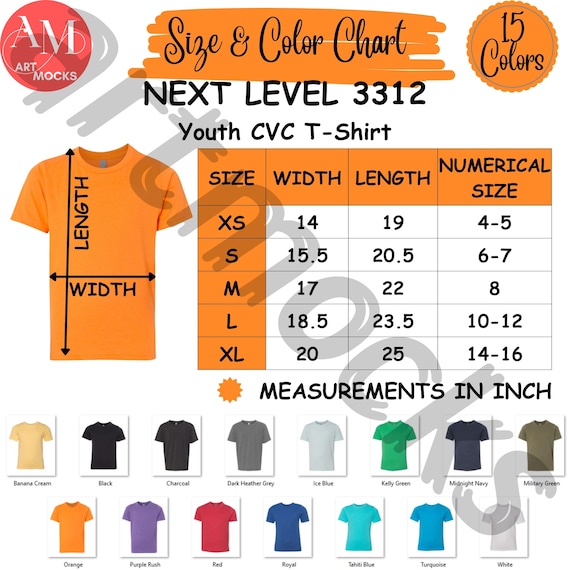 Next Level 3312 Youth T-shirt Size Chart: CVC Color Guide (digital