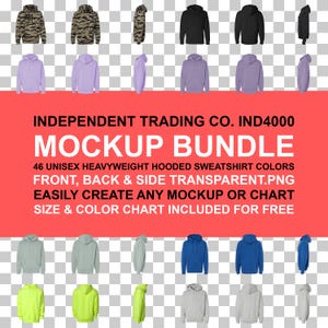 Puede incluir: Un paquete de maquetas de sudaderas con capucha unisex de peso pesado en varios colores, incluyendo negro, morado y azul. La imagen muestra vistas frontal, trasera y lateral de las sudaderas. El texto sobre un fondo rojo dice "INDEPENDENT TRADING CO. IND4000 MOCKUP BUNDLE."