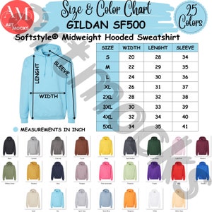 Carta de tallas y colores de sudadera con capucha Gildan SF500, carta de tallas de colores de sudadera con capucha SF500, sin gráfico editable