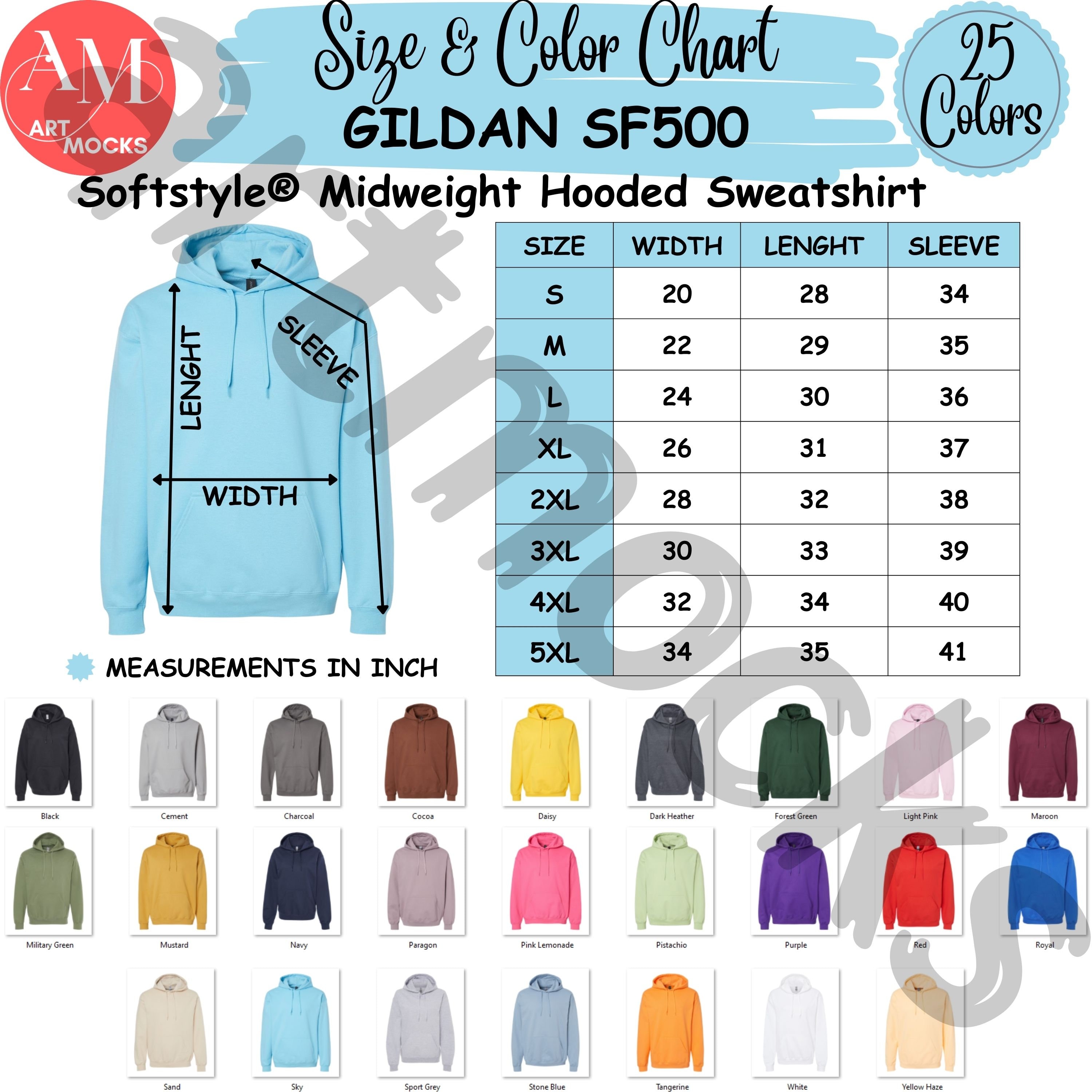 Gildan SF500 Hooded Sweatshirt Size and Color Chart, SF500 Hoodie Color