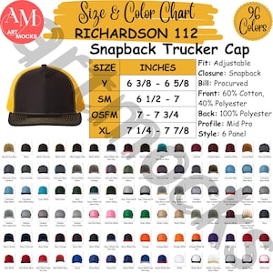 Richardson 112 Trucker Cap Size & Color Chart (Instant Download)