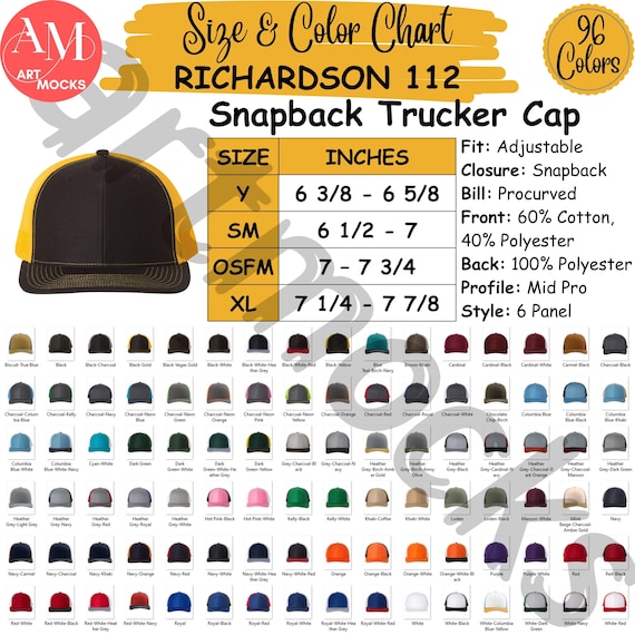 Richardson 112 Trucker Cap Size Color Chart (Instant Download)