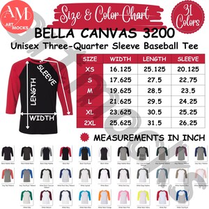 Tabla de tallas y colores de la camiseta de béisbol unisex de manga tres cuartos Bella Canvas 3200, tabla de tallas y colores BC3200, tabla sin editar