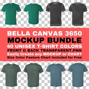 Maqueta de Bella Canvas 3650, paquete de camisetas unisex con textura, parte delantera y trasera, PNG, fondo transparente, tabla de características de tamaño y color incluida de forma gratuita