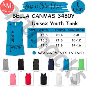 Bella Canvas  3480Y Unisex Youth Tank Size Chart, BC3480Y Sizing Guide, No Editable Chart