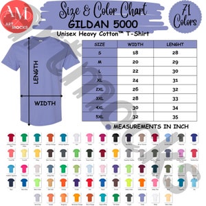 Gildan 5000 Tshirt Size and Color Chart - No Editable Chart