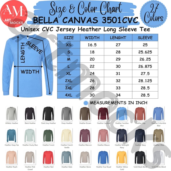 Bella Canvas 3501CVC Long Sleeve Color Size Chart (digital