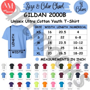 May include: A size and color chart for Gildan 2000B Unisex Ultra Cotton Youth T-Shirts. The chart shows the size, width, length, and numerical size for each shirt. The chart also includes a color chart with 31 different colors.