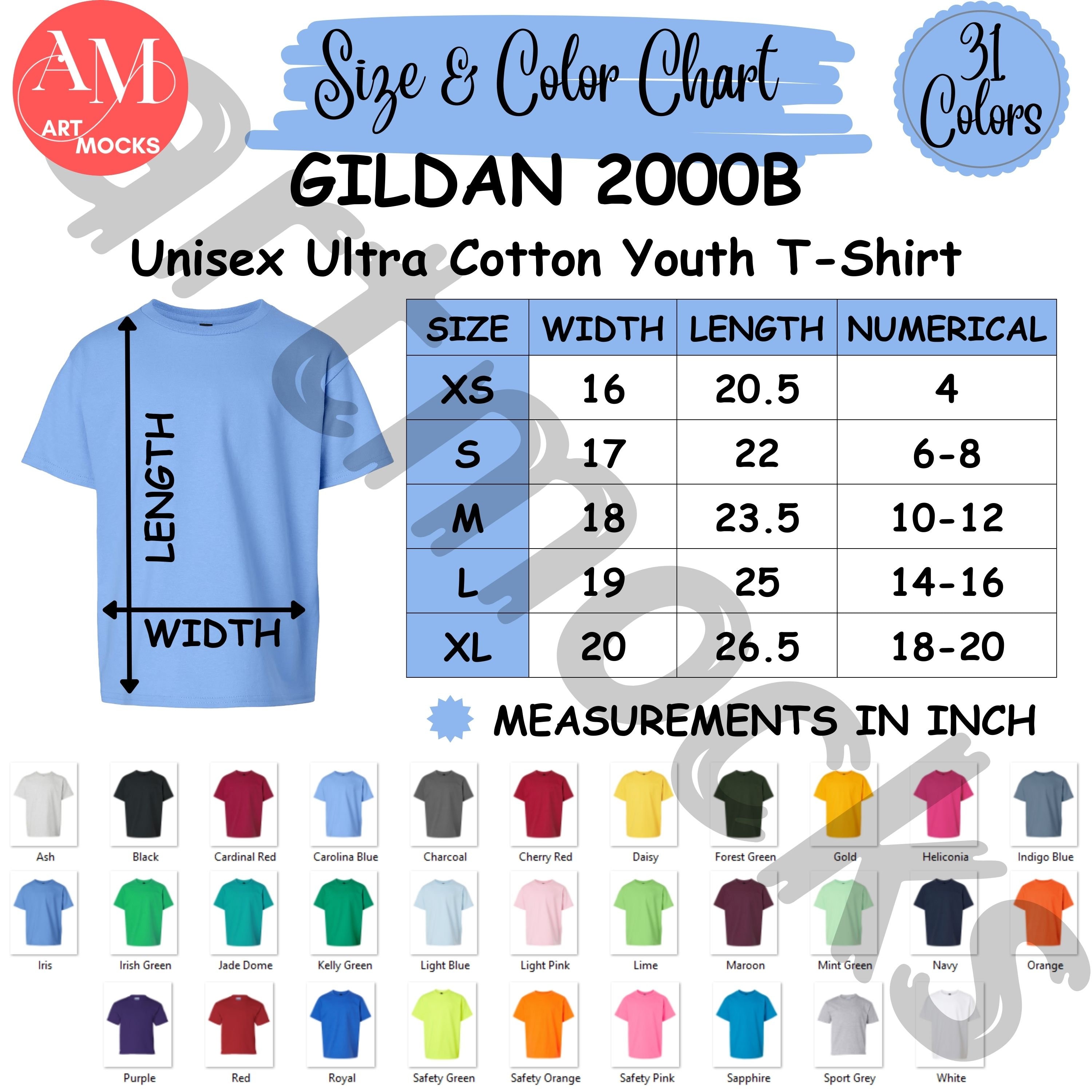 Gildan 2000B Youth T-shirt Size and Color Chart (digital Download) - Etsy