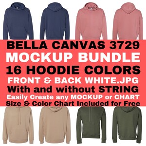 Paquete de maqueta de sudadera con capucha unisex Bella Canvas 3729 Esponja Fleece Jersey Sudadera con capucha Parte delantera trasera Sin cuerda JPG BC3729 Tamaño Carta de colores